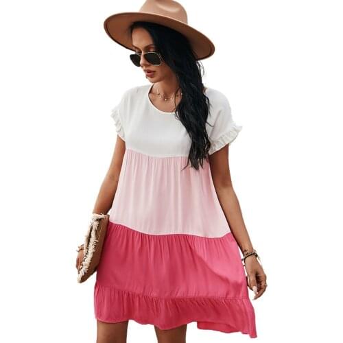 Khaki Loose Fit Ruffled Color Block Dress Women Summer O Neck Short Sleeve Loose A Line Dress