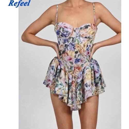 Sexy Vintage Floral Print Suspender Mini Dress Slim Fish Bone Stitching Asymmetrical Ruffled 2021 Summer Womens Clothing