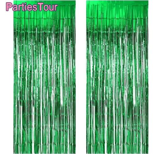 2pcs Green Tinsel Foil Fringe Curtains for Dinosaur Birthday Party Decortion Birthday Photo Backdrops Decorations Green Curtain