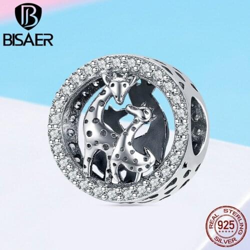 BISAER 925 Sterling Silver Giraffe Family Love Charms Animal Beads fit Charm Bracelet Beads for Silver 925 Jewelry Making ECC997