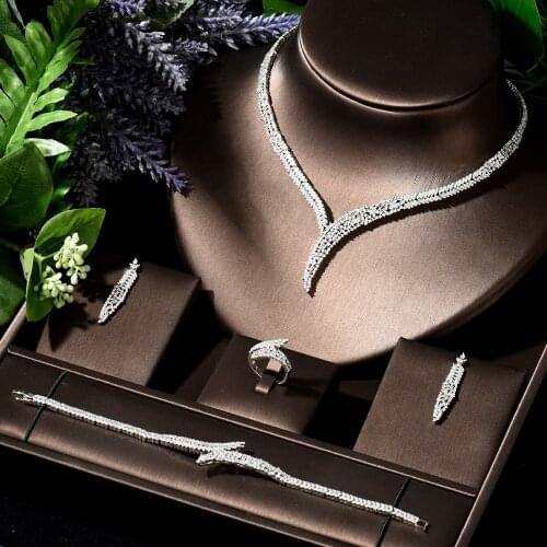 HIBRIDE Vintage Bride Wedding Women Got Engaged Necklace Earrings 4pcs Set Geometric Design Jewelry Set Party Accessories N-129