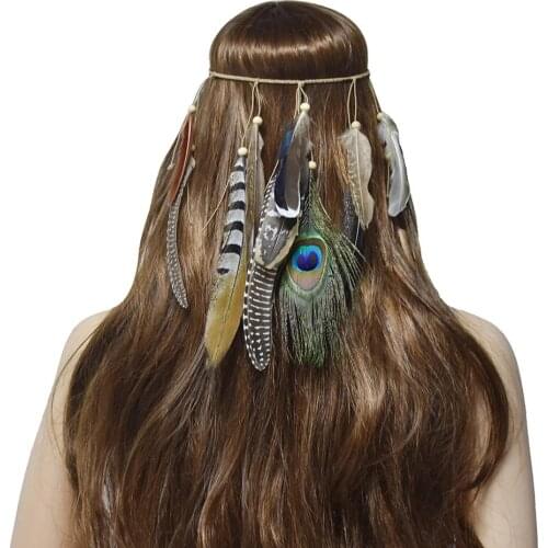 Indian Ethnic Feather Shape Headband Boho Vintage Weave Feathers Hair Rope Festivals Headdress Afghan Gypsy Jewelry