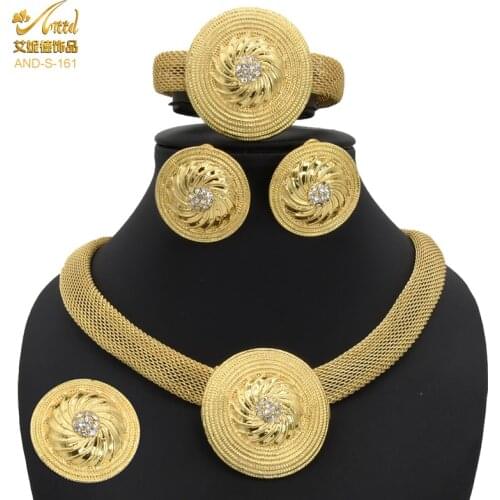 Indian Female Necklace Dubai Luxury Gold Wedding Jewelry Set African/Ethiopian Bridal Big Earrings Ring Nigeria Jewelery Gifts