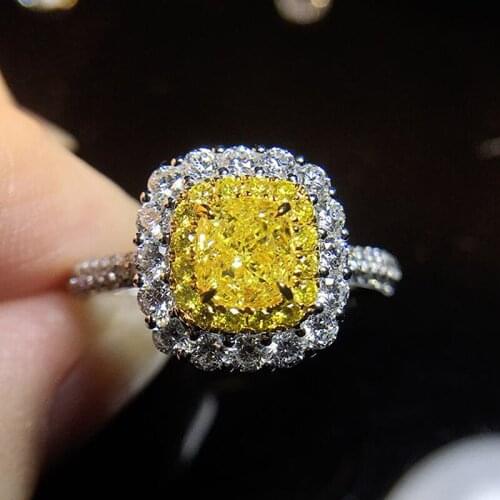 Solid 18K White Gold 2ctw Center 1ct Cushion Moissanite Ring And Yellow Moissanite Halo Ring for Women