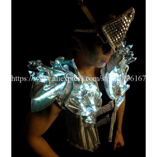 Cool Led Luminous Stage Show Costumes Male Singer Crystal LED Mens Clothing DJ Suits With Led Mask