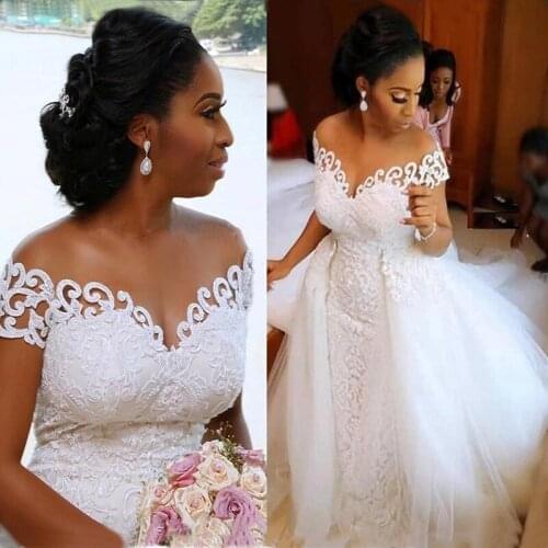 Vestido De Noiva 2 in 1 Detachable Train Mermaid Wedding Dress Lace Bridal Wedding Gowns