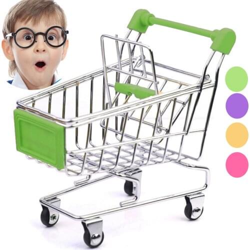 Mini Simulation Supermarket Shopping Utility Cart Trolley Basket Folding Handcart Wheel Home Storage Children Pretend Play Toy