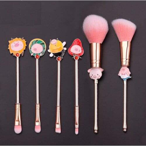 6pcs Pink Strawberry Pig Makeup Brushes Set Powder Blush Eyeshadow Lip Make Up Brushes Cosmetics Soft Synthetic Hair with Bag