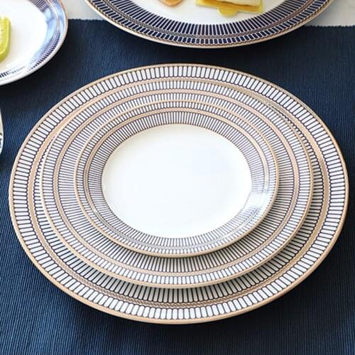 Western Plate set 6/ 8/10 inch Gold Rim Dishes & Plates Bone China European Tableware Round Steak Plate Household Dinner plate