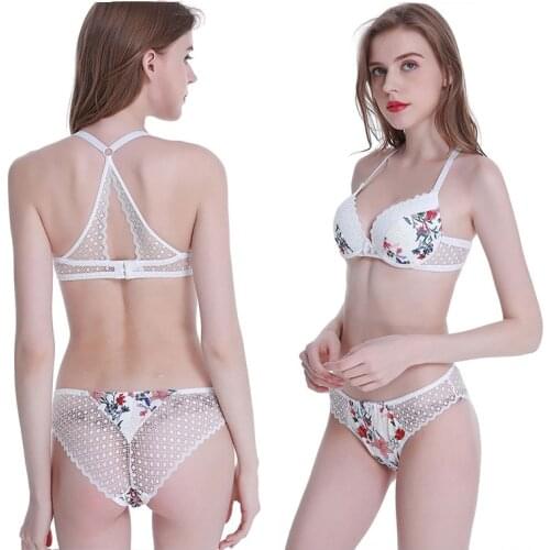 New Top Sexy Womens Tong Underwear Set Printing Brassiere Women Lingerie Set Lace Push up Bra Panties Sets Deep V Gather