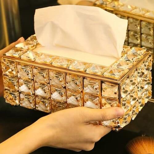 Crystal Glass Tissue Box Paper Rack Metal Decoration Luxury Office Car Hotel Home Living Napkin Holder Table Storage Supplies