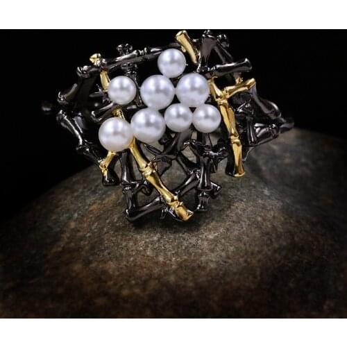 Luxury 925 Sterling Silver Freshwater Baroque Pearl Rings for Women Vintage Branches Black Gold Cocktail Rings Italy Jewelry