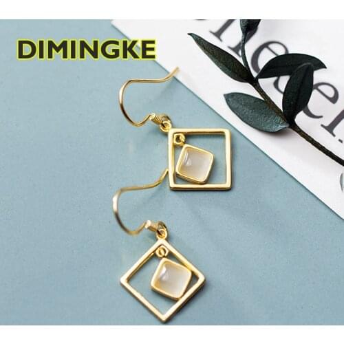 DIMINGKE 100%-S925 Silver Geometric Natural Hetian Jade Earrings Fashion Womens Party Birthday Jewelry Gift