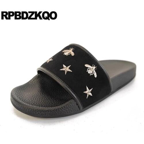 Wide Fit Fluffy Soft Ladies Slides Embroidery Women Sandals Flat Casual Furry Summer Fur Blue Black Spring Shoes 2018 Slip On