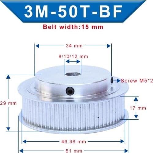 Timing Pulley 3M50T Inner Bore 8/10/12 mm Aluminum Belt Pulley Slot Width 17mm Match with 3M-round polyurethane belt Width 15mm