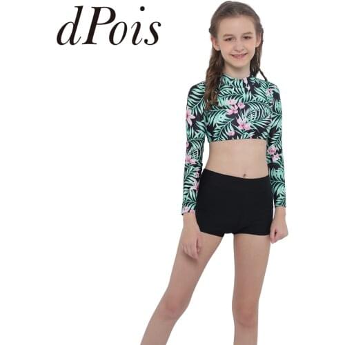 2Pcs Kids Girls Dance Suits Long Sleeve Keyhole Back Floral Printed Crop Top and Boyshorts Children Dancewear for Gymnastics Set