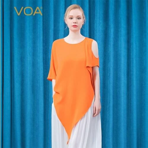 VOA 30m/m Heavy Silk Round Neck Tops Bat Bare Shoulder Asymmetric Cuff Triangle Hem Orange Simple T-shirt Women Clothing BE582