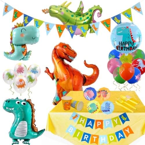Dinosaur Theme Ballons Disposable Tableware Paperplates Tablecloth Cake Topper Baby Shower Happy Birthday Party y Decor Supplies