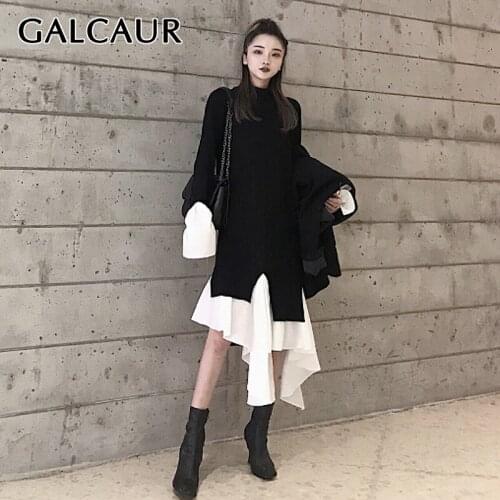 GALCAUR Knitting Sweaters For Women Turtleneck Flare Long Sleeve Patchwork Asymmetric Hem Ruffles Pullovers Female 2021 Clothing