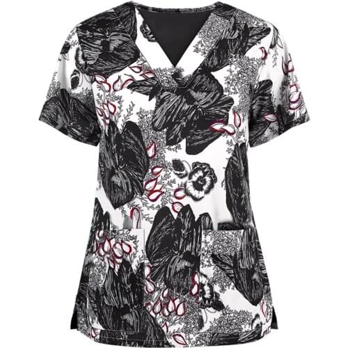 2021 Women Nurse Blouse Short Sleeve V-neck Tops Fashion Printed Working Uniform With Pocket Blouse Nurse Accessories Scrubs Top