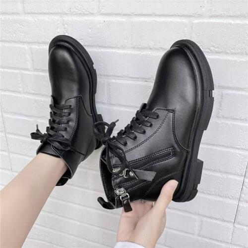 COOTELILI Women Ankle Boots Round Toe Zip And Lace Up 2020 Fashion Black And White 3cm Heel Shoes For Woman Botas Mujer 35-40