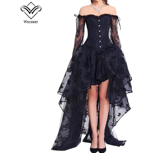 Wechery Women Steampunk Corset Sets Sexy Long Sleeve Lace Corselet Ddress For Party Wedding Out of shoulder Bustiers Korset Suit