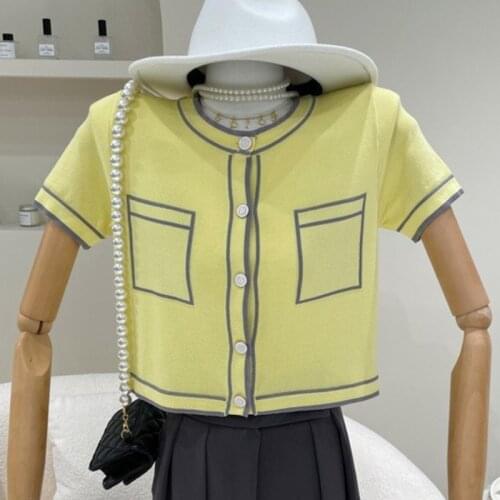 Contrast Color Knitted Cardigan Women Summer O-neck Short Sleeve Single Breasted Crop Tops Sweet Short Sweater Coat Clothing