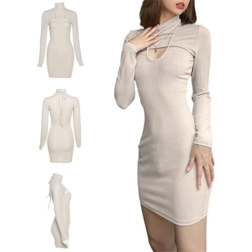 Womens tight hollow out dress, sexy fashion Khaki solid color fake two high neck knitted long sleeve Jumpsuit