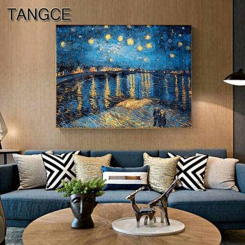 Famous Van Gogh Starry Sky Seine Painting Tableaux Blue Wall Art for Living Room Aisle Big Poster Print Abstract Cuadros Salon
