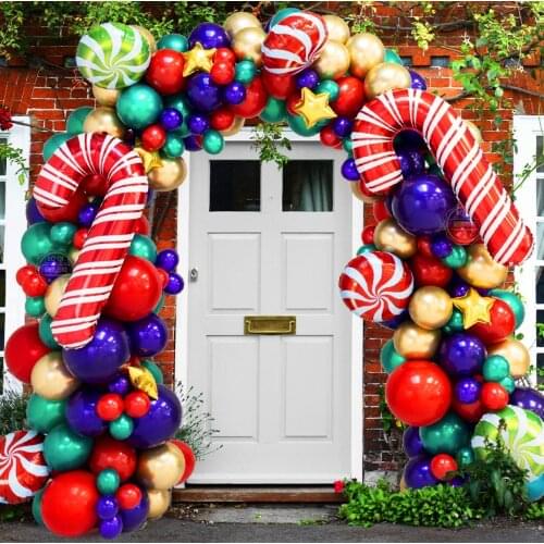172pcs Merry Christmas Balloons Garland Red Green DIY Balloon Chain Helium Round Foil Candy Globos Santa Claus Candy Canes