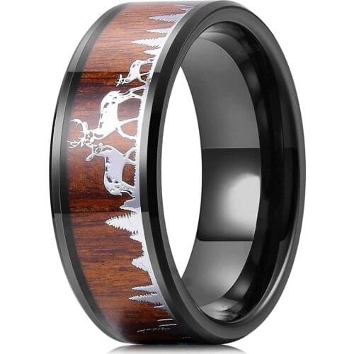 2021 Fashion 8mm Men Black Tungsten Wild Life Hunting Ring Koa Wood Inlay Deer Family Silhouette Steel Ring Men Wedding Band