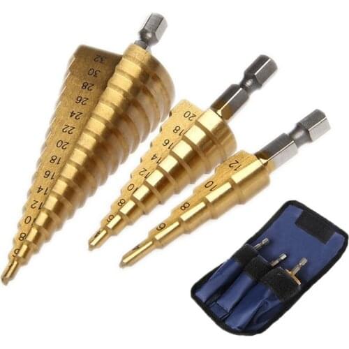 3pcs Hss step drill bit set cone hole cutter Taper metric 4 - 12 / 20 / 32mm 1 / 4 "titanium coated metal hex core drill bits