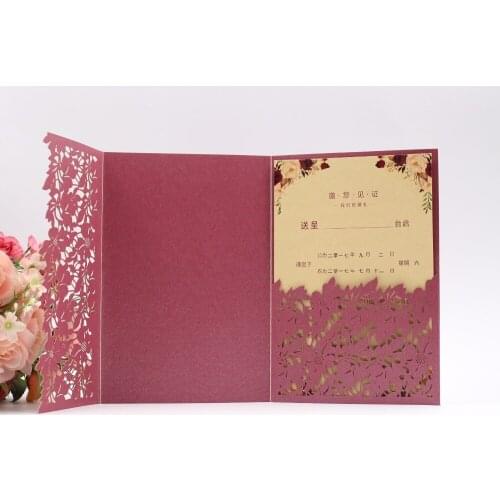 50pcs/lot elegant pearl pocketfold Wedding invitation Cards thr fold pocket Laser Cut leaf invite RSVP Greeting Covers for party