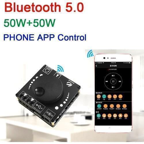 50WX2 Bluetooth 5.0 Stereo Digital Power Amplifier Board AMP Adjustable volume 12V 24V CAR AUX USB Smart PHONE APP Control