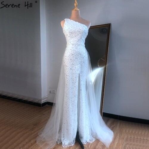 White Luxury One Shoulder Evening Dresses Long 2020 Sleeveless Beading Sparkle Formal Dress Women Elegant Serene Hill BLA70524