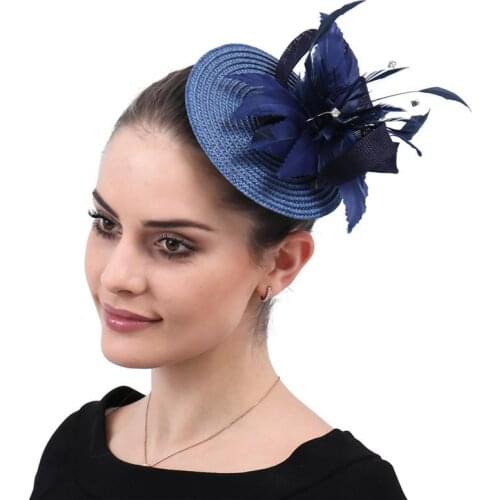 Boutique Blue Bridal Small Hat Imiation Grass Flax Feather Bow-knot Beading Bridal Wedding Headpiece Banquet Hair Ornaments