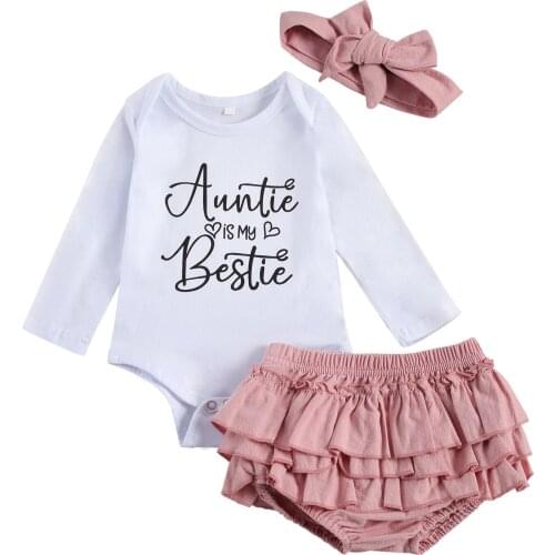 Sweet 0-18M Infant Baby Girl Clothing AUNTIE IS MY BESTIE Letter Print Long Sleeve Romper+Ruffle Tutu Shorts+Headband
