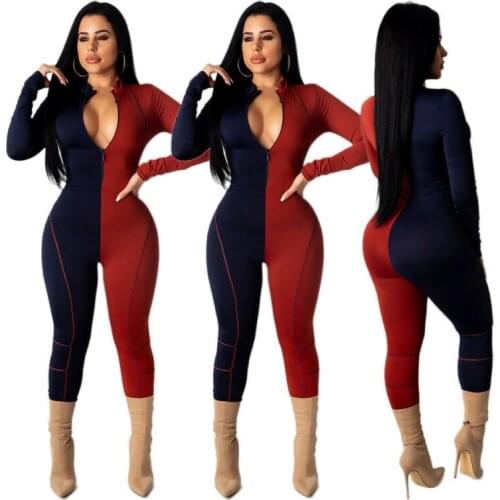 Women Long Sleeves Zipper Colors Patchwork Bodycon Club Party Casual Jumpsuit