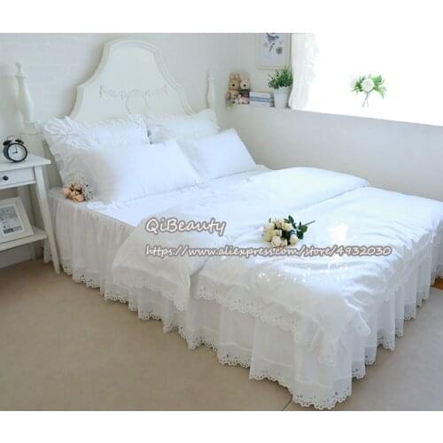 European pure white hollow lace satin cotton bed skirt and pillow case Queen size princess bedding