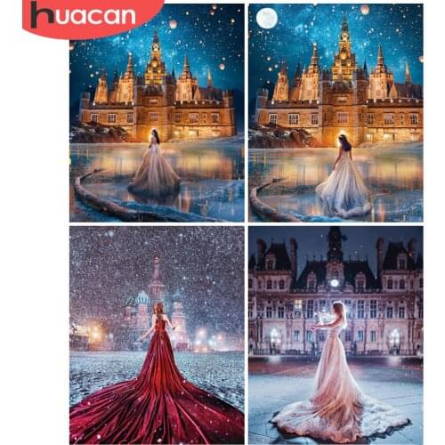 HUACAN Paint By Numbers Castle Scenery Wall Art On Canvas Unique Gift Hand Painted Picture By Numbers Winter For Living Room