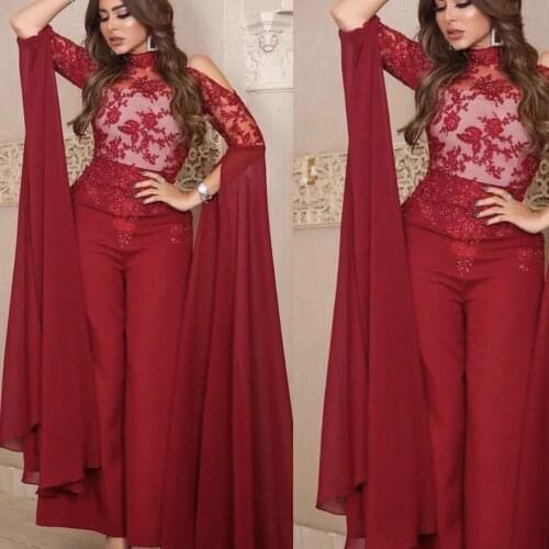 Jumpsuit prom dresses 2020 high neck lace long sleeve lace appliques red evening dresses pants evening dresses chiffon