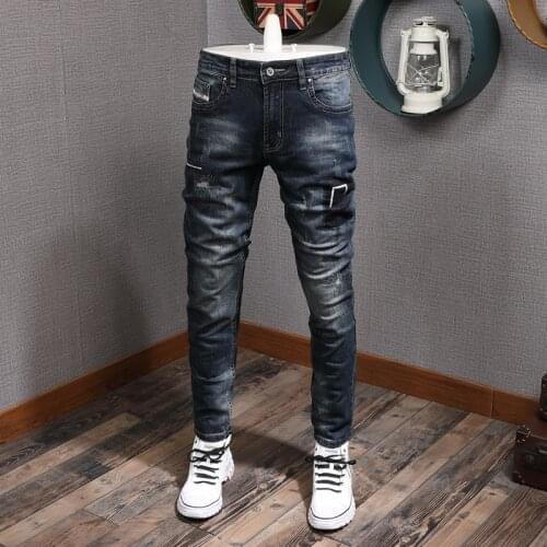 European Street Style Fashion Men Jeans Retro Black Blue Slim Fit Ripped Jeans Men Embroidery Designer Hip Hop Denim Punk Pants