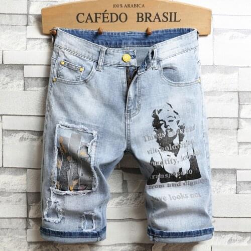 2021 Summer New Pattern Printing Mens Denim Shorts Fashion Personality Cotton Slim Stretch Short Jeans Male Brand Clothes