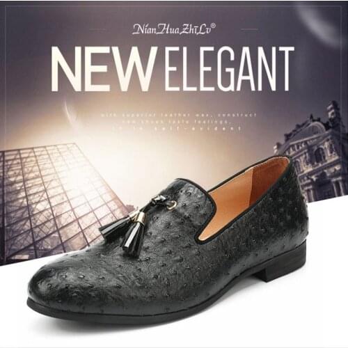 XQWFH 2020 Men Dress Shoes Men Formal Shoes Ostrich Grain Leather Luxury Fashion Groom Wedding Shoes Men Gold Tassels Loafers