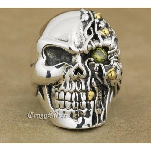 925 Sterling Silver Black Olive Eye Skull Mens Biker Rocker Punk Ring 8V206 US Size 7~15