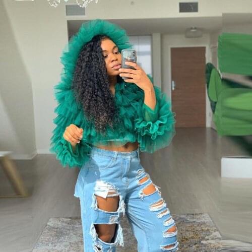 New Fashion Women Ruffled Tulle Tops With Hat Long Sleeve Maxi Green Fluffy Tulle Tops Custom Made Top Plus Size