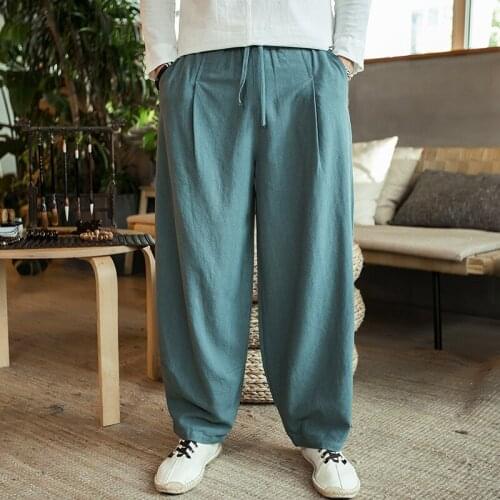 Autumn Cotton Linen Casual Pants Loose Wide Leg Pants Hanging Crotch Chinese Style Mens Tang Pants Traditional Pants for Men