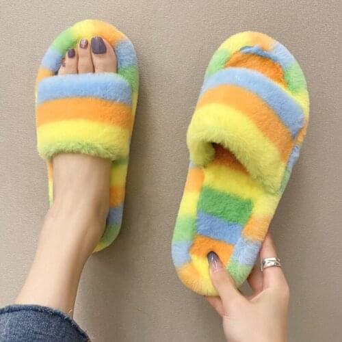 Fluffy Slippers women 2021 New Women Faux Fur Slippers Mixed Colors Cozy Furry Slides Soft Slippers House Floor Plush Warm Shoes