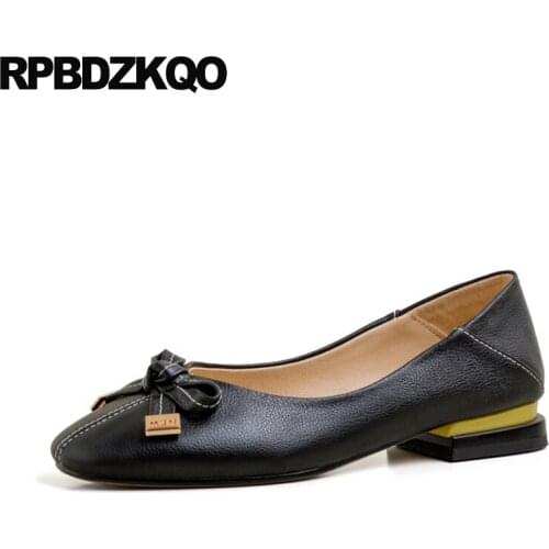 Shallow slip on chinese genuine leather black square toe italian brand china bow flats ladies designer shoes women luxury 2019