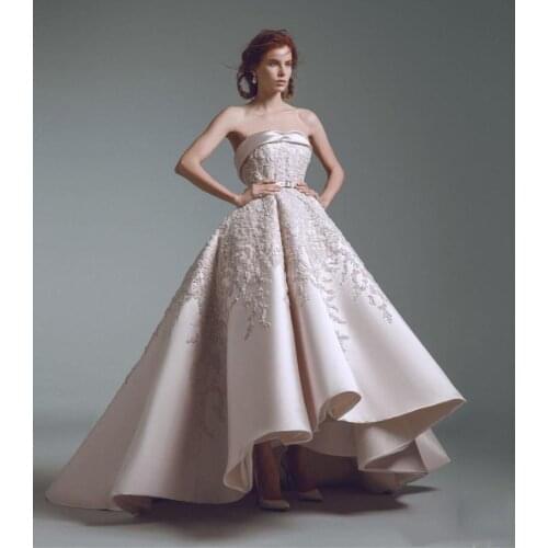 High Low 2021 Prom Dresses Strapless Beads Lace Appliqued Satin A Line Party Evening Gowns Vintage Custom Formal Occasion Dress